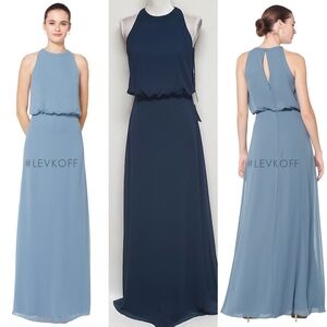 BLOOMINGDALE'S Levkoff 7081 Navy Blue Chiffon Sleeveless Halter Maxi Dress 6